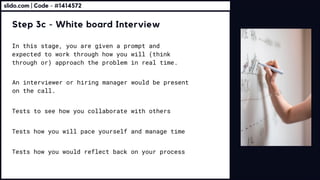 Step 3c - White board Interview
In this stage, you are given a prompt and
expected to work through how you will (think
through or) approach the problem in real time.
An interviewer or hiring manager would be present
on the call.
Tests to see how you collaborate with others
Tests how you will pace yourself and manage time
Tests how you would reflect back on your process
slido.com | Code - #1414572
 