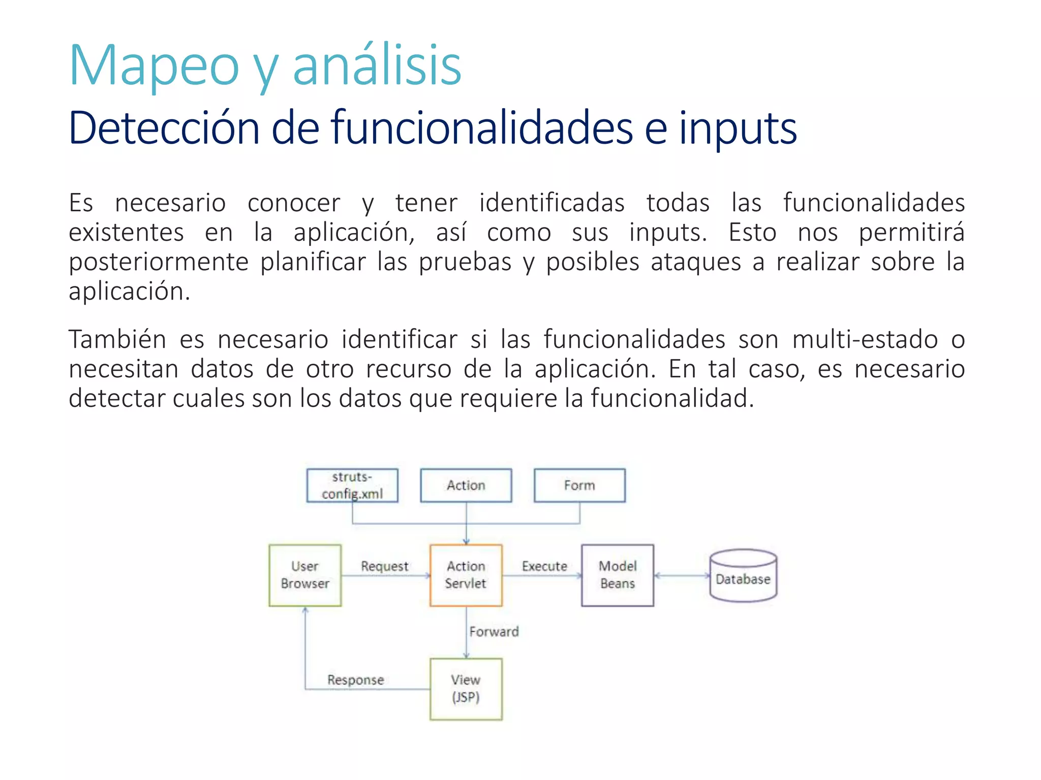 Mapeo y análisis
Detección de funcionalidades e inputs
Es necesario conocer y tener identificadas todas las funcionalidades
existentes en la aplicación, así como sus inputs. Esto nos permitirá
posteriormente planificar las pruebas y posibles ataques a realizar sobre la
aplicación.
También es necesario identificar si las funcionalidades son multi-estado o
necesitan datos de otro recurso de la aplicación. En tal caso, es necesario
detectar cuales son los datos que requiere la funcionalidad.
 