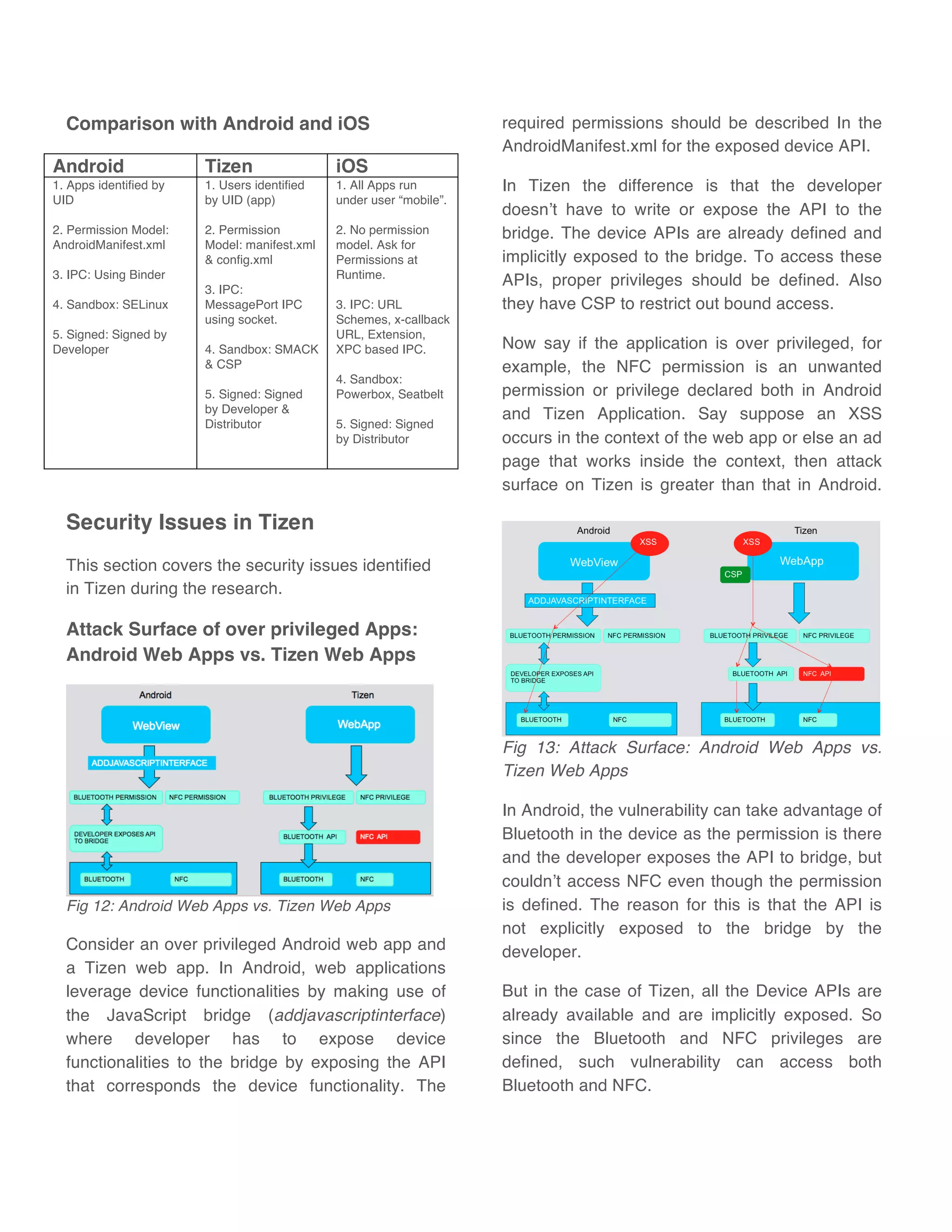 Comparison with Android and iOS
Android Tizen iOS
1. Apps identified by
UID
2. Permission Model:
AndroidManifest.xml
3. IPC: Using Binder
4. Sandbox: SELinux
5. Signed: Signed by
Developer
1. Users identified
by UID (app)
2. Permission
Model: manifest.xml
& config.xml
3. IPC:
MessagePort IPC
using socket.
4. Sandbox: SMACK
& CSP
5. Signed: Signed
by Developer &
Distributor
1. All Apps run
under user “mobile”.
2. No permission
model. Ask for
Permissions at
Runtime.
3. IPC: URL
Schemes, x-callback
URL, Extension,
XPC based IPC.
4. Sandbox:
Powerbox, Seatbelt
5. Signed: Signed
by Distributor
Security Issues in Tizen
This section covers the security issues identified
in Tizen during the research.
Attack Surface of over privileged Apps:
Android Web Apps vs. Tizen Web Apps
Fig 12: Android Web Apps vs. Tizen Web Apps
Consider an over privileged Android web app and
a Tizen web app. In Android, web applications
leverage device functionalities by making use of
the JavaScript bridge (addjavascriptinterface)
where developer has to expose device
functionalities to the bridge by exposing the API
that corresponds the device functionality. The
required permissions should be described In the
AndroidManifest.xml for the exposed device API.
In Tizen the difference is that the developer
doesn’t have to write or expose the API to the
bridge. The device APIs are already defined and
implicitly exposed to the bridge. To access these
APIs, proper privileges should be defined. Also
they have CSP to restrict out bound access.
Now say if the application is over privileged, for
example, the NFC permission is an unwanted
permission or privilege declared both in Android
and Tizen Application. Say suppose an XSS
occurs in the context of the web app or else an ad
page that works inside the context, then attack
surface on Tizen is greater than that in Android.
Fig 13: Attack Surface: Android Web Apps vs.
Tizen Web Apps
In Android, the vulnerability can take advantage of
Bluetooth in the device as the permission is there
and the developer exposes the API to bridge, but
couldn’t access NFC even though the permission
is defined. The reason for this is that the API is
not explicitly exposed to the bridge by the
developer.
But in the case of Tizen, all the Device APIs are
already available and are implicitly exposed. So
since the Bluetooth and NFC privileges are
defined, such vulnerability can access both
Bluetooth and NFC.
 
