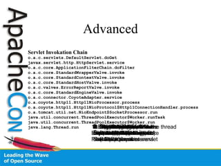 Advanced Servlet Invokation Chain o.a.c.servlets.DefaultServlet.doGet javax.servlet.http.HttpServlet.service o.a.c.core.ApplicationFilterChain.doFilter o.a.c.core.StandardWrapperValve.invoke o.a.c.core.StandardContextValve.invoke o.a.c.core.StandardHostValve.invoke o.a.c.valves.ErrorReportValve.invoke o.a.c.core.StandardEngineValve.invoke o.a.c.connector.CoyoteAdapter.service o.a.coyote.http11.Http11NioProcessor.process o.a.coyote.http11.Http11NioProtocol$Http11ConnectionHandler.process o.a.tomcat.util.net.NioEndpoint$SocketProcessor.run java.util.concurrent.ThreadPoolExecutor$Worker.runTask java.util.concurrent.ThreadPoolExecutor$Worker.run java.lang.Thread.run 1. Everything starts with the thread 2. NIO Connector defaults  to ThreadPoolExecutor 3. SocketProcessor –  Simple Runnable to invoke  Handler.process 4. HttpProcessor –  parses HTTP request 5. CoyoteAdapter Creates Request Response pair 6. StandardEngineValve First valve in the engine  container 7. ErrorReportValve Catches Throwable  Reports 400+ errors 8. StandardHostValve Sets context class loader 9. StandardContextValve Invokes (spec) ServletRequestListeners 10. StandardWrapperValve Invokes (spec) FilterChain 11. ApplicationFilterChain Represents Servlet (spec) FilterChain, invokes servlet 12. The Servlet Execution of the servlet 