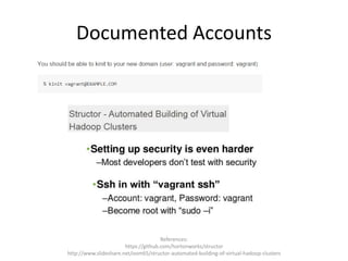 Documented Accounts
References:
https://github.com/hortonworks/structor
http://www.slideshare.net/oom65/structor-automated-building-of-virtual-hadoop-clusters
 