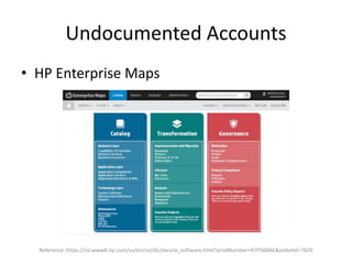 Undocumented Accounts
• HP Enterprise Maps
Reference: https://ssl.www8.hp.com/us/en/ssl/dlc/secure_software.html?prodNumber=H7P56BAE&siebelid=7820
 