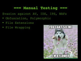=== Manual Testing ===
Evasion against AV, IDS, IPS, WAFs
•  Obfuscation, Polymorphic
•  File Extensions
•  File Wrapping
 