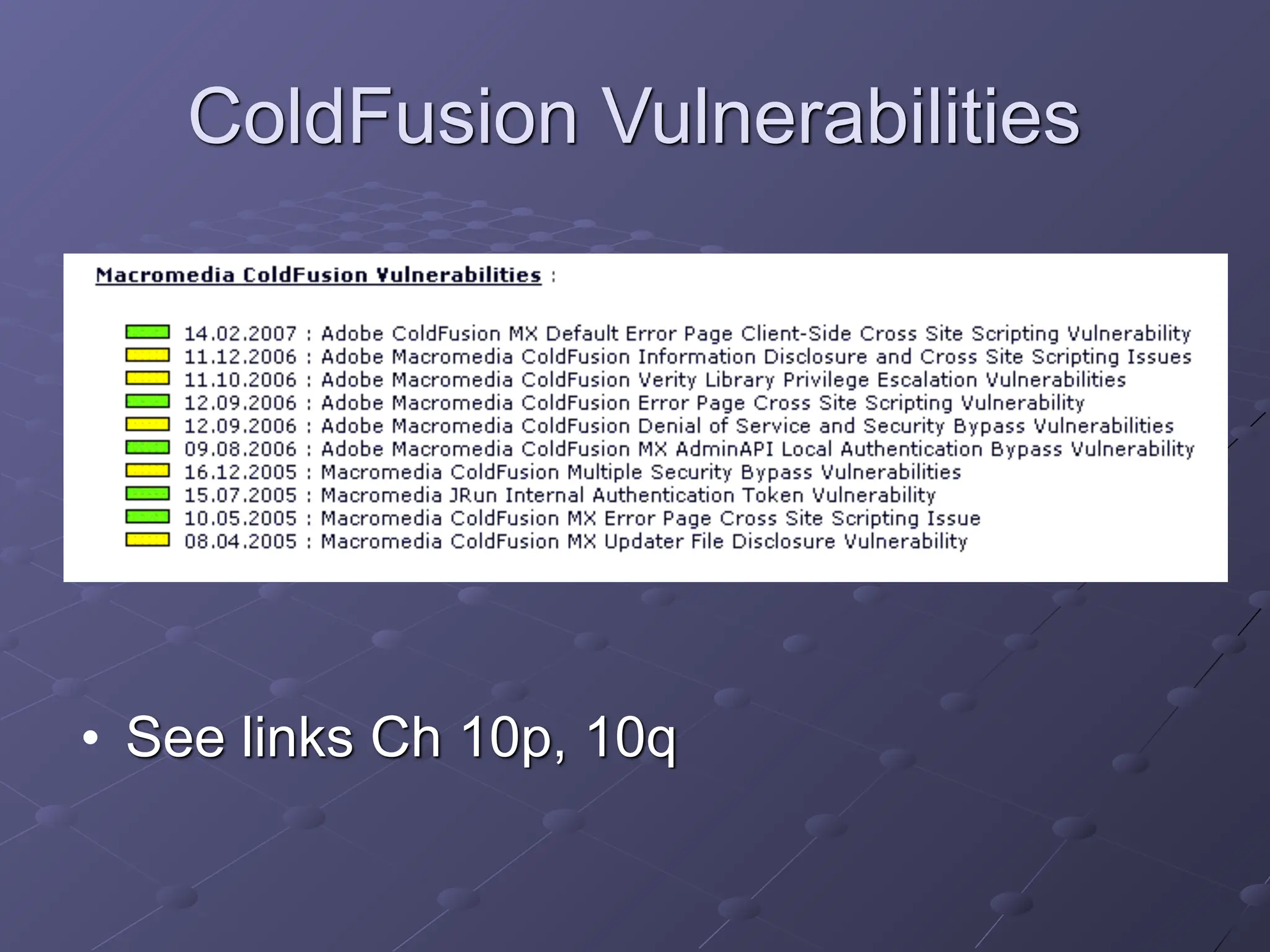 ColdFusion Vulnerabilities
• See links Ch 10p, 10q
 