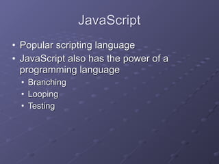 JavaScript
• Popular scripting language
• JavaScript also has the power of a
programming language
• Branching
• Looping
• Testing
 