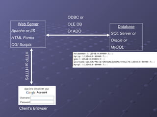 Client’s Browser
HTTP
or
HTTPS
Web Server
Apache or IIS
HTML Forms
CGI Scripts
Database
SQL Server or
Oracle or
MySQL
ODBC or
OLE DB
Or ADO
 
