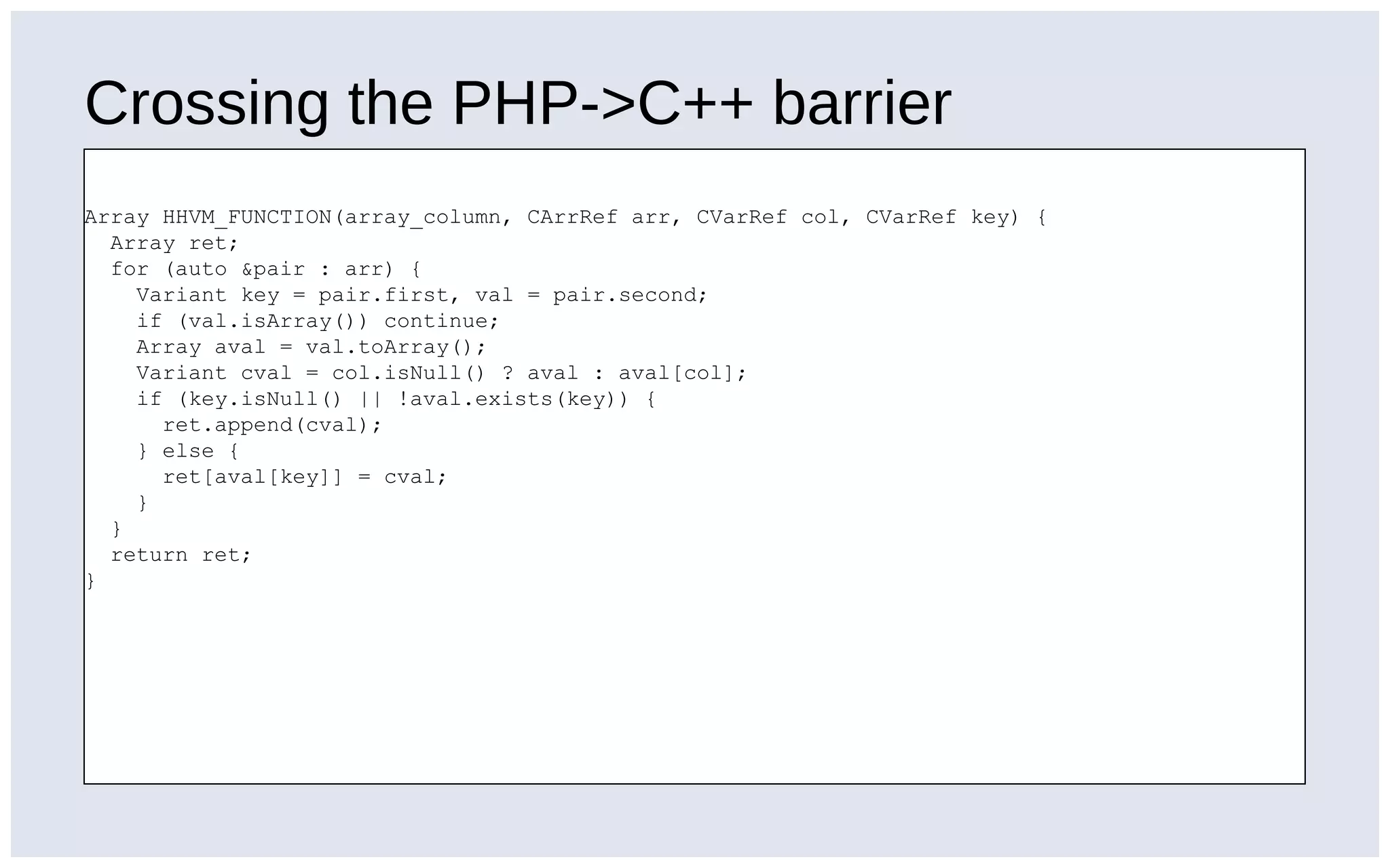 Crossing the PHP->C++ barrier
Array HHVM_FUNCTION(array_column, CArrRef arr, CVarRef col, CVarRef key) {
Array ret;
for (auto &pair : arr) {
Variant key = pair.first, val = pair.second;
if (val.isArray()) continue;
Array aval = val.toArray();
Variant cval = col.isNull() ? aval : aval[col];
if (key.isNull() || !aval.exists(key)) {
ret.append(cval);
} else {
ret[aval[key]] = cval;
}
}
return ret;
}
 