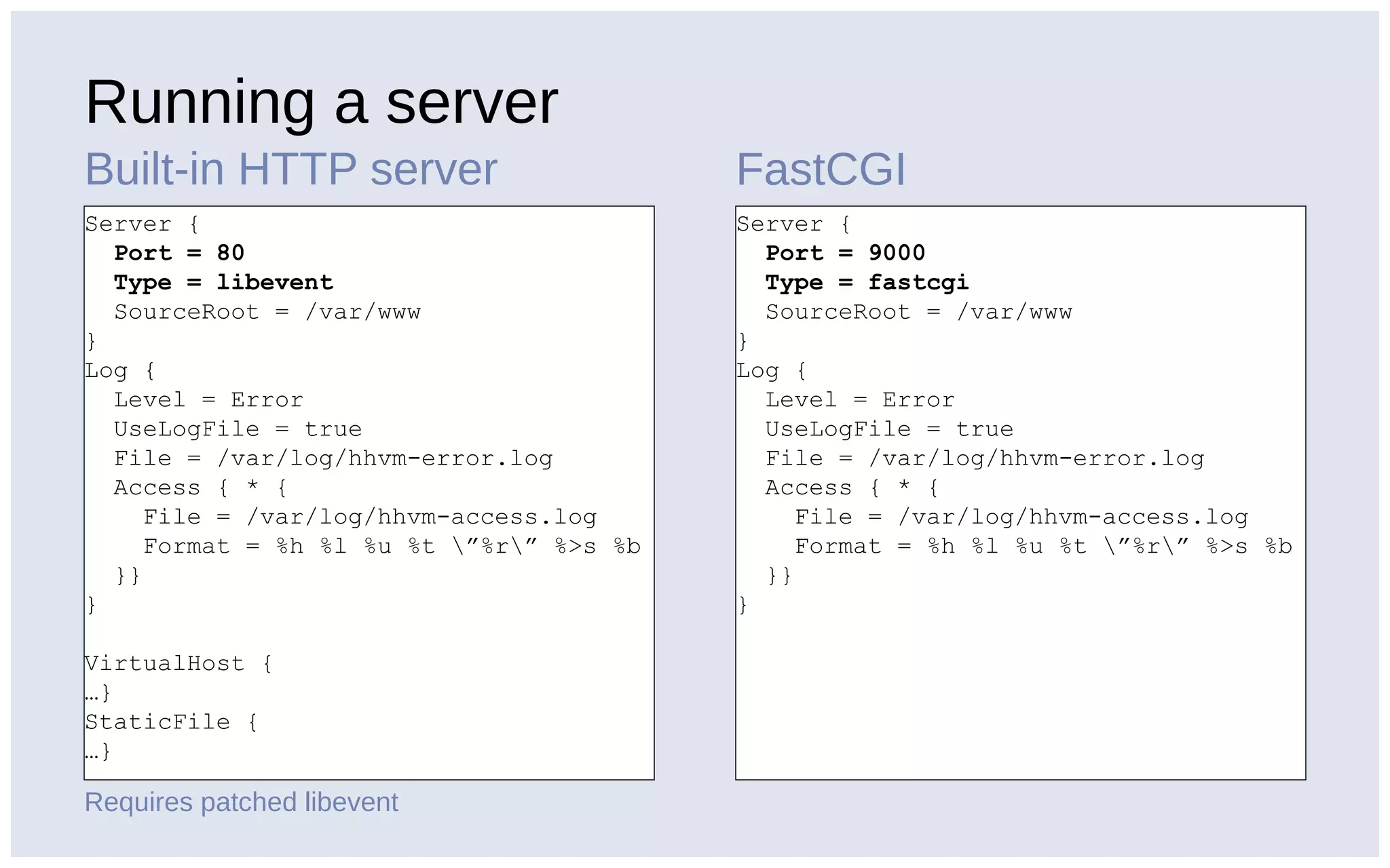 Running a server
Built-in HTTP server FastCGI
Server {
Port = 80
Type = libevent
SourceRoot = /var/www
}
Log {
Level = Error
UseLogFile = true
File = /var/log/hhvm-error.log
Access { * {
File = /var/log/hhvm-access.log
Format = %h %l %u %t ”%r” %>s %b
}}
}
VirtualHost {
…}
StaticFile {
…}
Server {
Port = 9000
Type = fastcgi
SourceRoot = /var/www
}
Log {
Level = Error
UseLogFile = true
File = /var/log/hhvm-error.log
Access { * {
File = /var/log/hhvm-access.log
Format = %h %l %u %t ”%r” %>s %b
}}
}
Requires patched libevent
 