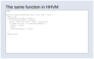 The same function in HHVM
<?php
function array_column(array $arr, $col, $key = null) {
$ret = [];
foreach($arr as $key => $val) {
if (!is_array($val)) continue;
$cval = ($col === null) ? $val : $val[$col];
if ($key === null || !isset($val[$key])) {
$ret[] = $cval;
} else {
$ret[$val[$key]] = $cval;
}
}
return $ret;
}
 