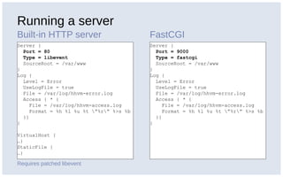 Running a server
Built-in HTTP server FastCGI
Server {
Port = 80
Type = libevent
SourceRoot = /var/www
}
Log {
Level = Error
UseLogFile = true
File = /var/log/hhvm-error.log
Access { * {
File = /var/log/hhvm-access.log
Format = %h %l %u %t ”%r” %>s %b
}}
}
VirtualHost {
…}
StaticFile {
…}
Server {
Port = 9000
Type = fastcgi
SourceRoot = /var/www
}
Log {
Level = Error
UseLogFile = true
File = /var/log/hhvm-error.log
Access { * {
File = /var/log/hhvm-access.log
Format = %h %l %u %t ”%r” %>s %b
}}
}
Requires patched libevent
 
