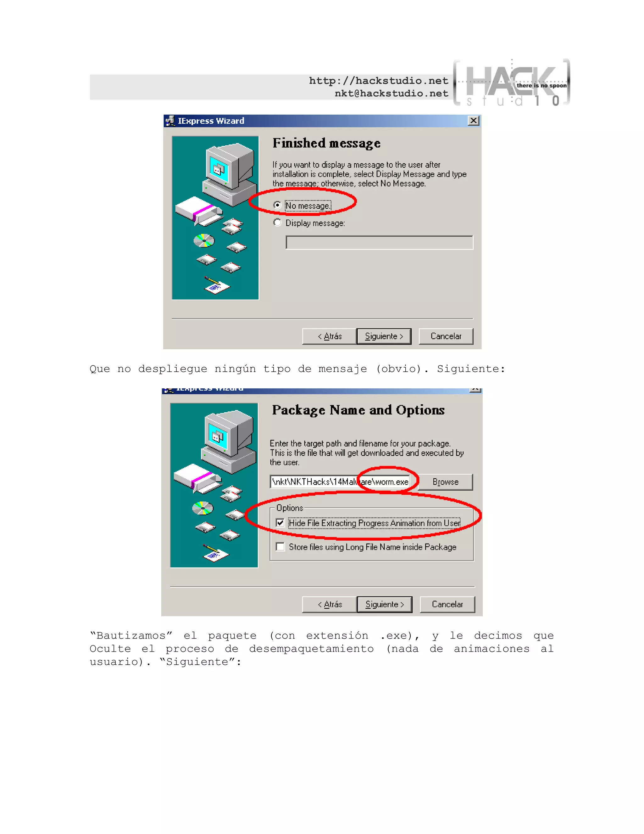 http://hackstudio.net
                                   nkt@hackstudio.net




Que no despliegue ningún tipo de mensaje (obvio). Siguiente:




“Bautizamos” el paquete (con extensión .exe), y le decimos que
Oculte el proceso de desempaquetamiento (nada de animaciones al
usuario). “Siguiente”:
 