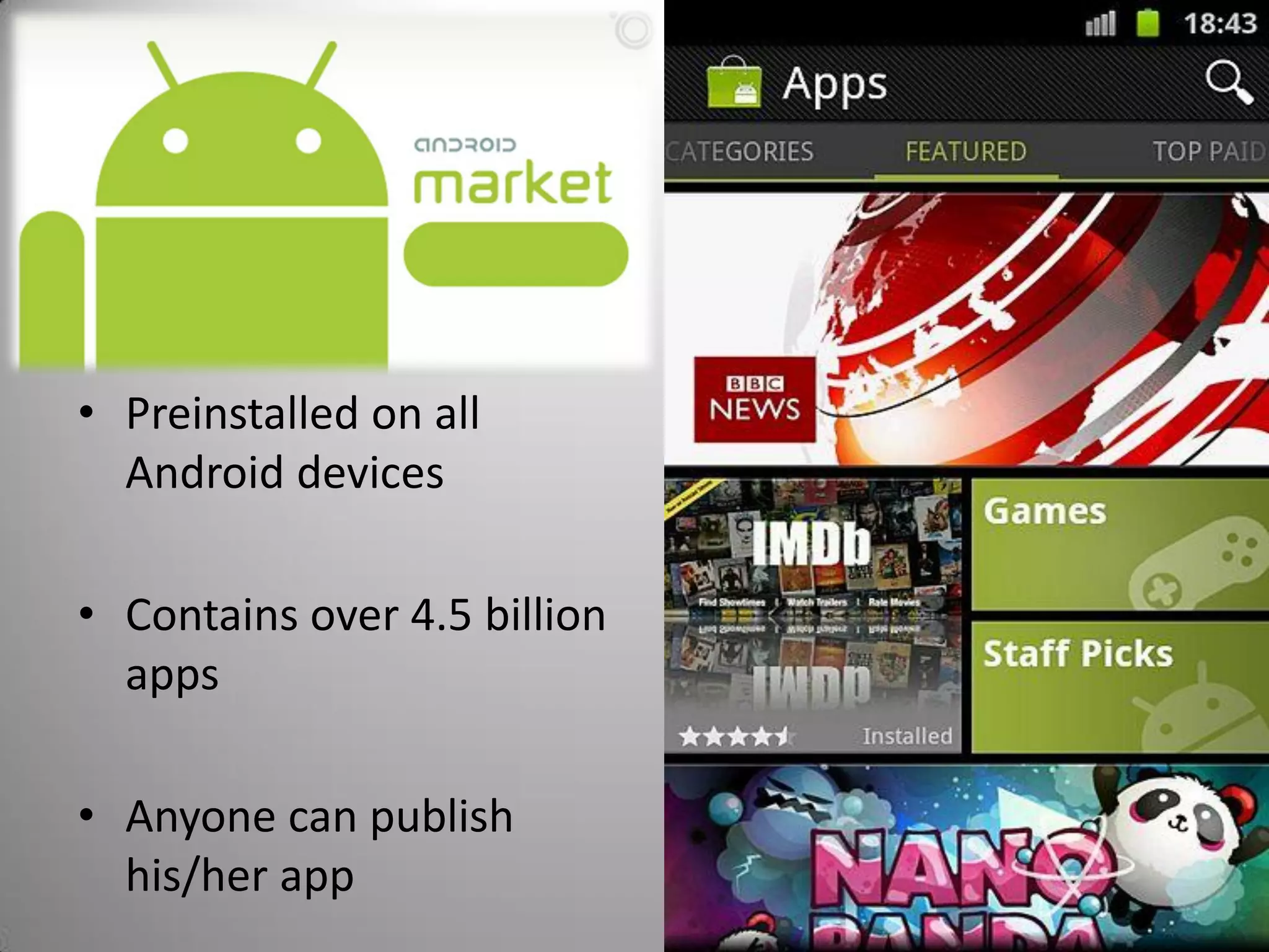• Preinstalled on all
Android devices
• Contains over 4.5 billion
apps
• Anyone can publish
his/her app
 