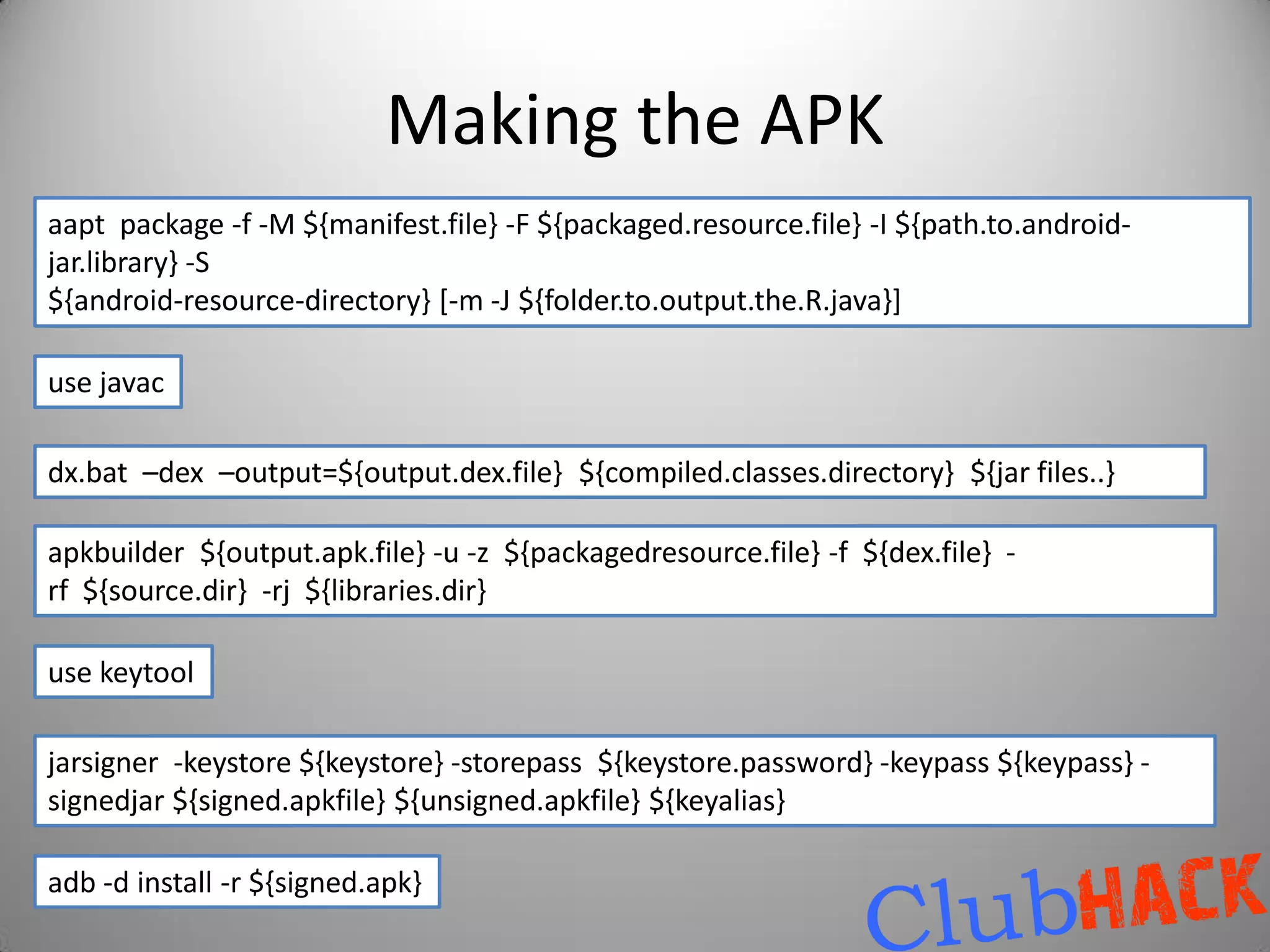 Making the APK
aapt package -f -M ${manifest.file} -F ${packaged.resource.file} -I ${path.to.android-
jar.library} -S
${android-resource-directory} [-m -J ${folder.to.output.the.R.java}]

use javac

dx.bat –dex –output=${output.dex.file} ${compiled.classes.directory} ${jar files..}

apkbuilder ${output.apk.file} -u -z ${packagedresource.file} -f ${dex.file} -
rf ${source.dir} -rj ${libraries.dir}

use keytool

jarsigner -keystore ${keystore} -storepass ${keystore.password} -keypass ${keypass} -
signedjar ${signed.apkfile} ${unsigned.apkfile} ${keyalias}

adb -d install -r ${signed.apk}
 