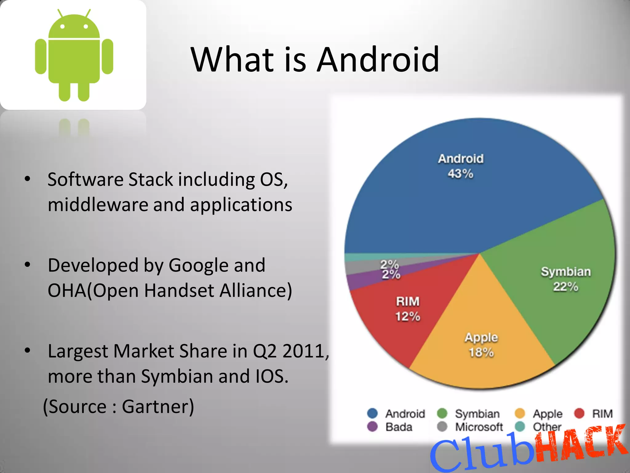What is Android

• Software Stack including OS,
  middleware and applications

• Developed by Google and
  OHA(Open Handset Alliance)

• Largest Market Share in Q2 2011,
   more than Symbian and IOS.
  (Source : Gartner)
 