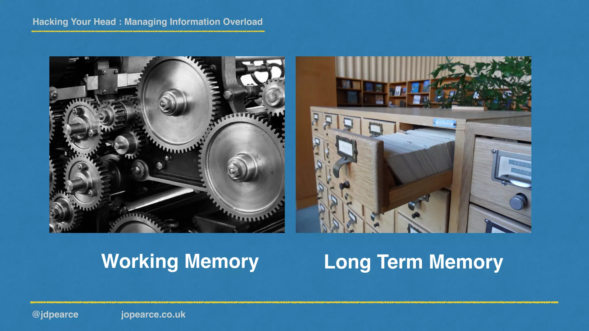 Hacking Your Head : Managing Information Overload
@jdpearce jopearce.co.uk
Working Memory Long Term Memory
 
