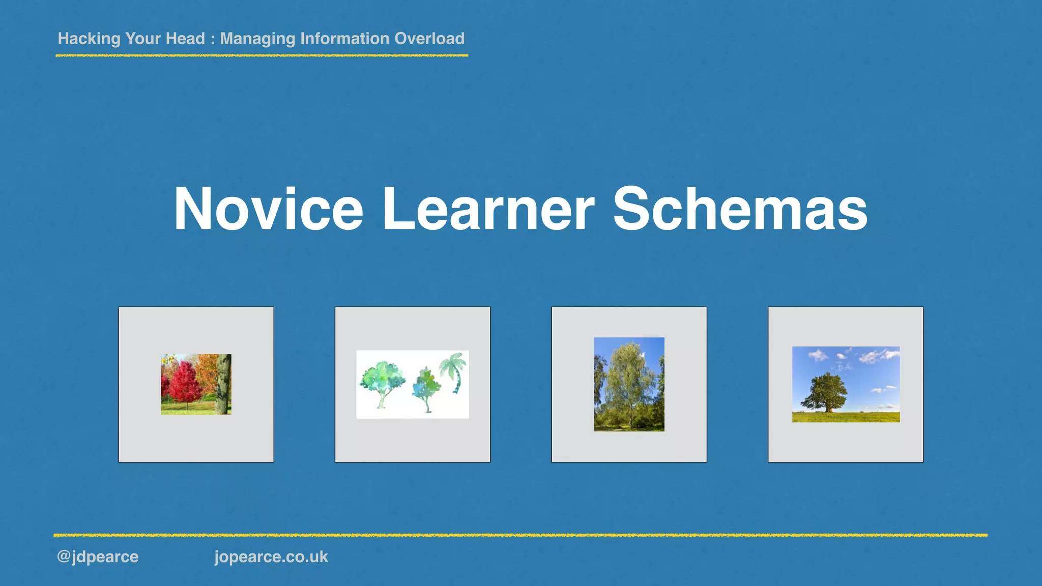 Hacking Your Head : Managing Information Overload
@jdpearce jopearce.co.uk
Novice Learner Schemas
 