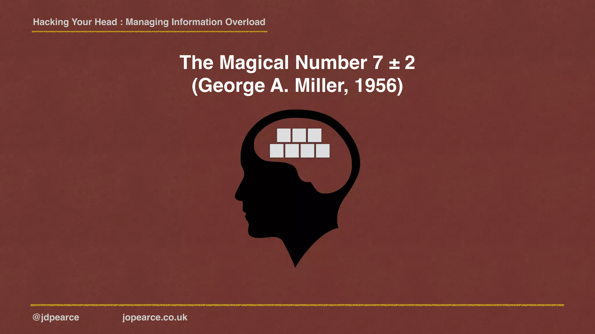 Hacking Your Head : Managing Information Overload
@jdpearce jopearce.co.uk
The Magical Number 7 ± 2
(George A. Miller, 1956)
 