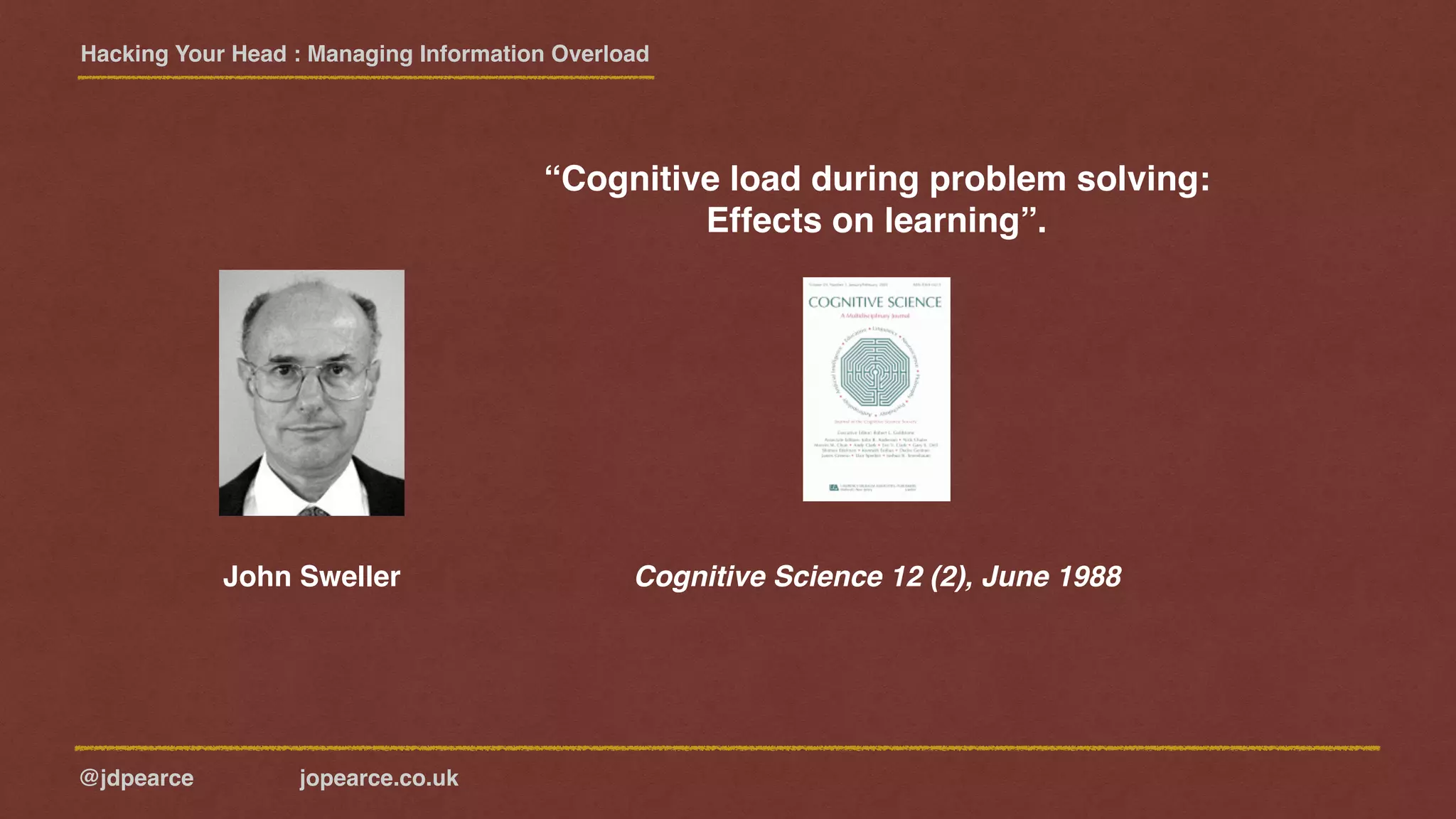 Hacking Your Head : Managing Information Overload
@jdpearce jopearce.co.uk
Cognitive Science 12 (2), June 1988John Sweller
“Cognitive load during problem solving:
Effects on learning”.
 