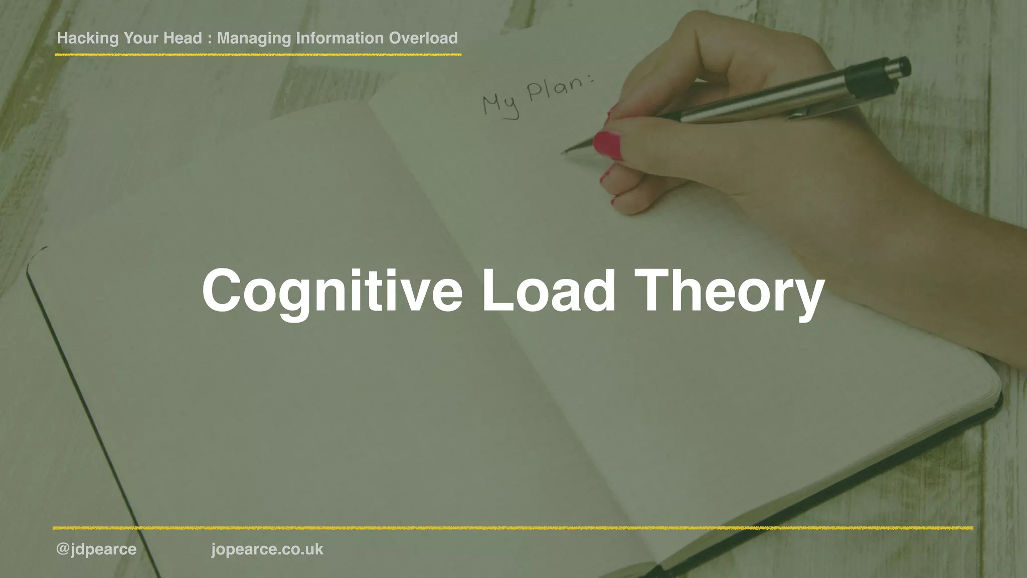 Hacking Your Head : Managing Information Overload
@jdpearce jopearce.co.uk
Cognitive Load Theory
 