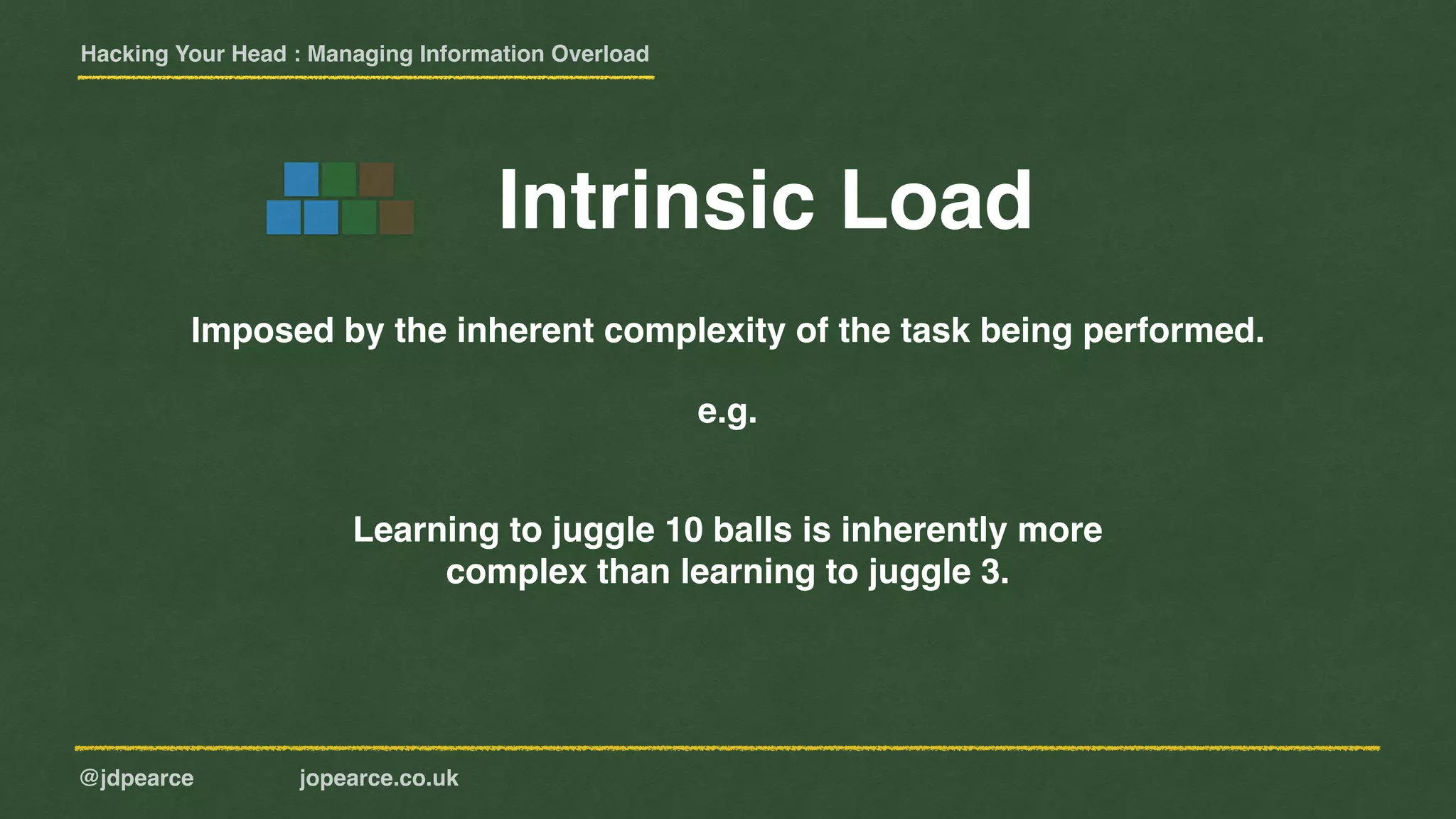 Hacking Your Head : Managing Information Overload
@jdpearce jopearce.co.uk
Imposed by the inherent complexity of the task being performed.
e.g.
Learning to juggle 10 balls is inherently more
complex than learning to juggle 3.
Intrinsic Load
 