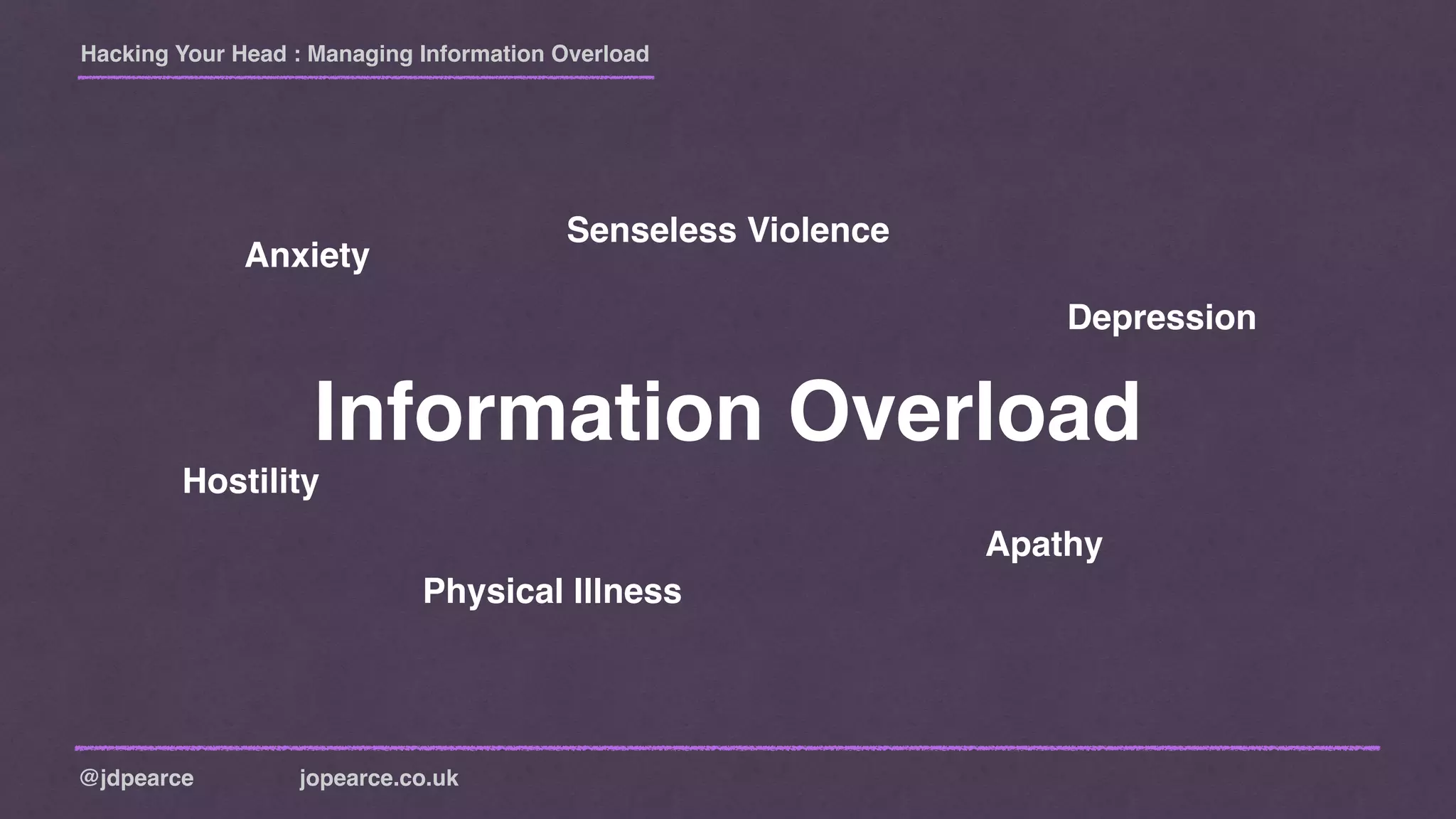 Hacking Your Head : Managing Information Overload
@jdpearce jopearce.co.uk
Information Overload
Anxiety
Hostility
Senseless Violence
Physical Illness
Depression
Apathy
 