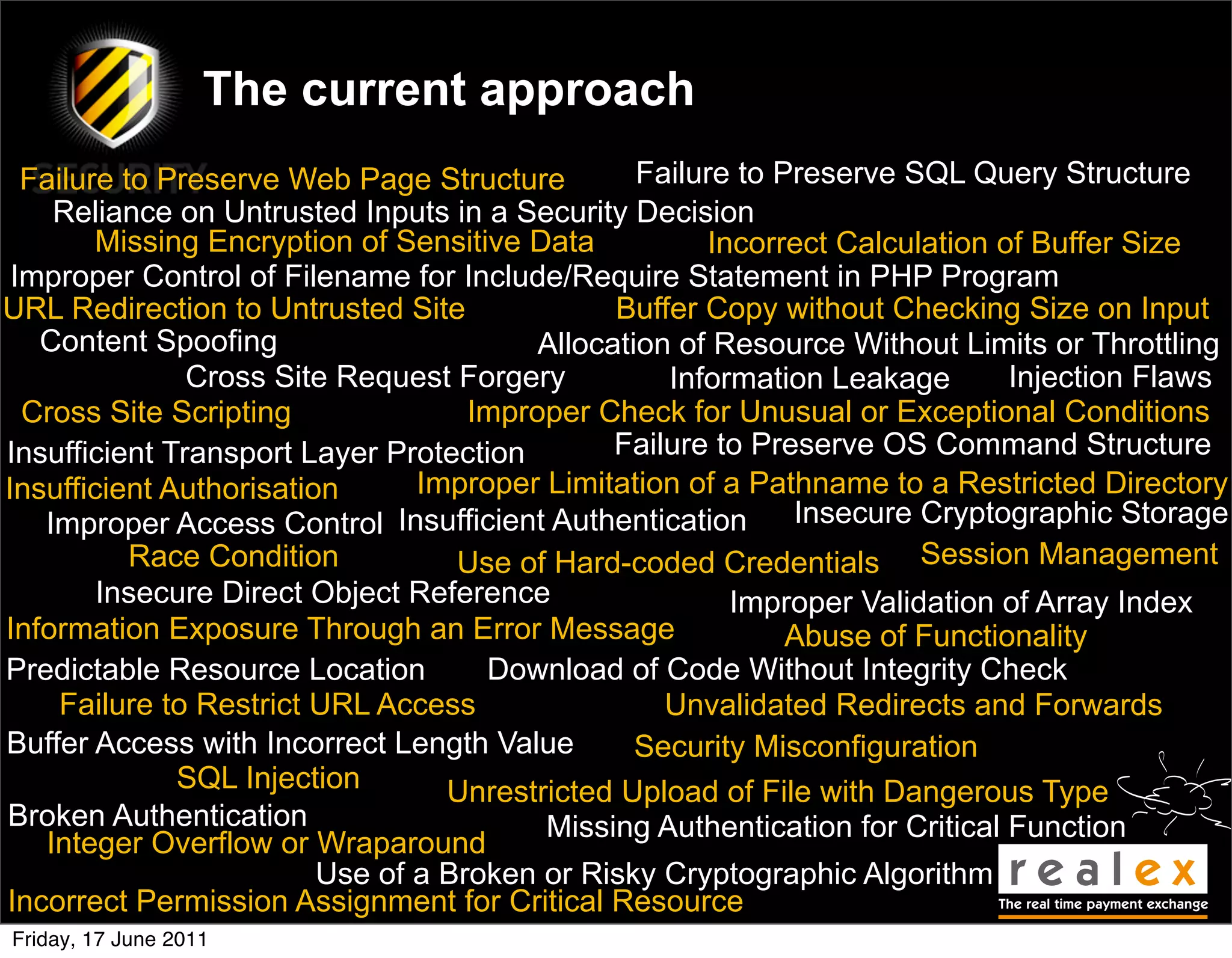 The current approach
  Failure to Preserve Web Page Structure         Failure to Preserve SQL Query Structure
    Reliance on Untrusted Inputs in a Security Decision
        Missing Encryption of Sensitive Data          Incorrect Calculation of Buffer Size
 Improper Control of Filename for Include/Require Statement in PHP Program
URL Redirection to Untrusted Site              Buffer Copy without Checking Size on Input
   Content Spoofing                      Allocation of Resource Without Limits or Throttling
               Cross Site Request Forgery          Information Leakage       Injection Flaws
  Cross Site Scripting              Improper Check for Unusual or Exceptional Conditions
Insufficient Transport Layer Protection        Failure to Preserve OS Command Structure
Insufficient Authorisation      Improper Limitation of a Pathname to a Restricted Directory
   Improper Access Control Insufficient Authentication       Insecure Cryptographic Storage
           Race Condition          Use of Hard-coded Credentials Session Management
        Insecure Direct Object Reference                Improper Validation of Array Index
Information Exposure Through an Error Message                Abuse of Functionality
Predictable Resource Location        Download of Code Without Integrity Check
     Failure to Restrict URL Access                Unvalidated Redirects and Forwards
Buffer Access with Incorrect Length Value        Security Misconfiguration
              SQL Injection       Unrestricted Upload of File with Dangerous Type
Broken Authentication                    Missing Authentication for Critical Function
   Integer Overflow or Wraparound
                         Use of a Broken or Risky Cryptographic Algorithm
Incorrect Permission Assignment for Critical Resource
Friday, 17 June 2011
 