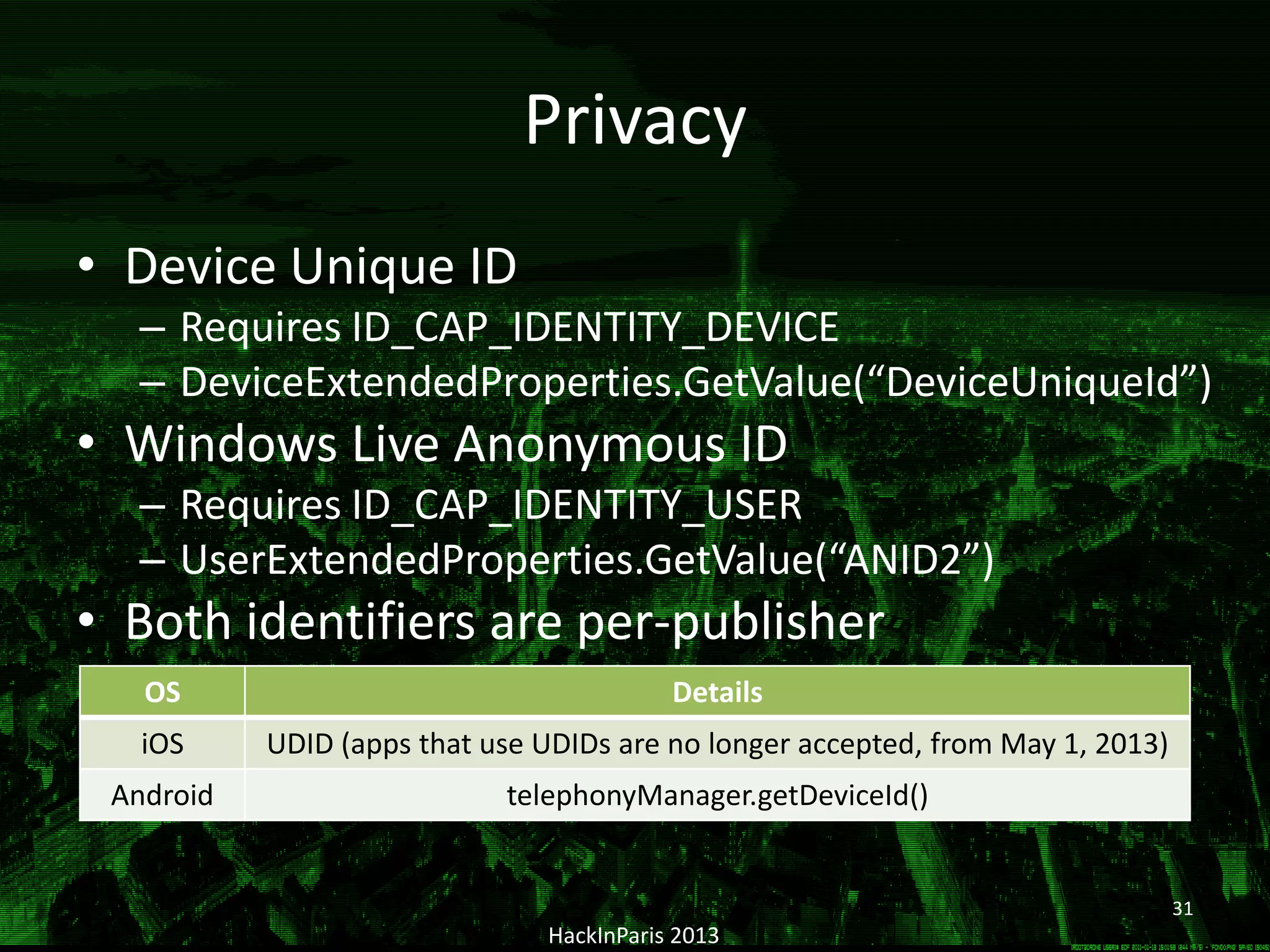 Privacy
• Device Unique ID
– Requires ID_CAP_IDENTITY_DEVICE
– DeviceExtendedProperties.GetValue(“DeviceUniqueId”)
• Windows Live Anonymous ID
– Requires ID_CAP_IDENTITY_USER
– UserExtendedProperties.GetValue(“ANID2”)
• Both identifiers are per-publisher
HackInParis 2013
OS Details
iOS UDID (apps that use UDIDs are no longer accepted, from May 1, 2013)
Android telephonyManager.getDeviceId()
31
 