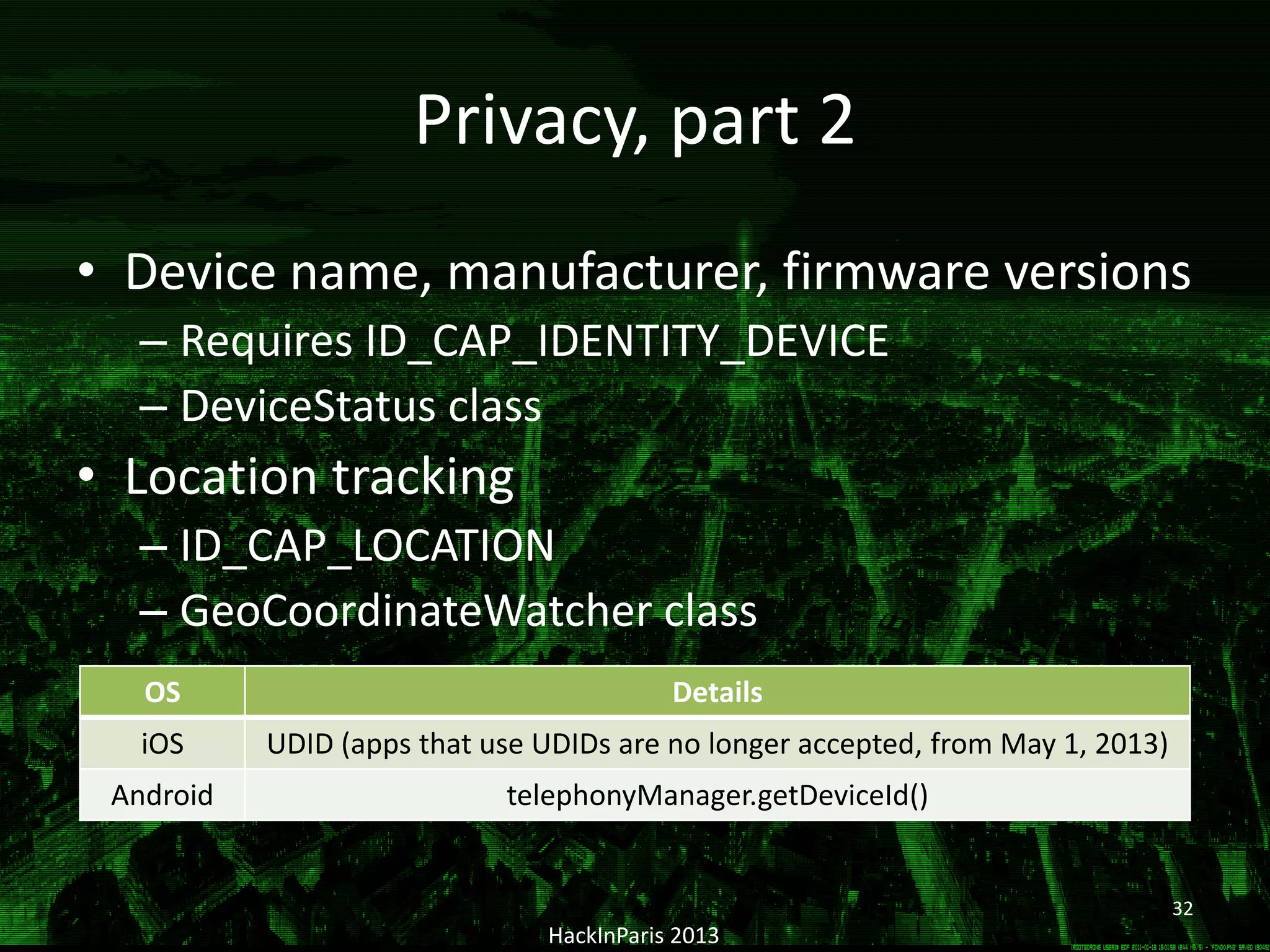 Privacy, part 2
• Device name, manufacturer, firmware versions
– Requires ID_CAP_IDENTITY_DEVICE
– DeviceStatus class
• Location tracking
– ID_CAP_LOCATION
– GeoCoordinateWatcher class
HackInParis 2013
32
OS Details
iOS UDID (apps that use UDIDs are no longer accepted, from May 1, 2013)
Android telephonyManager.getDeviceId()
 