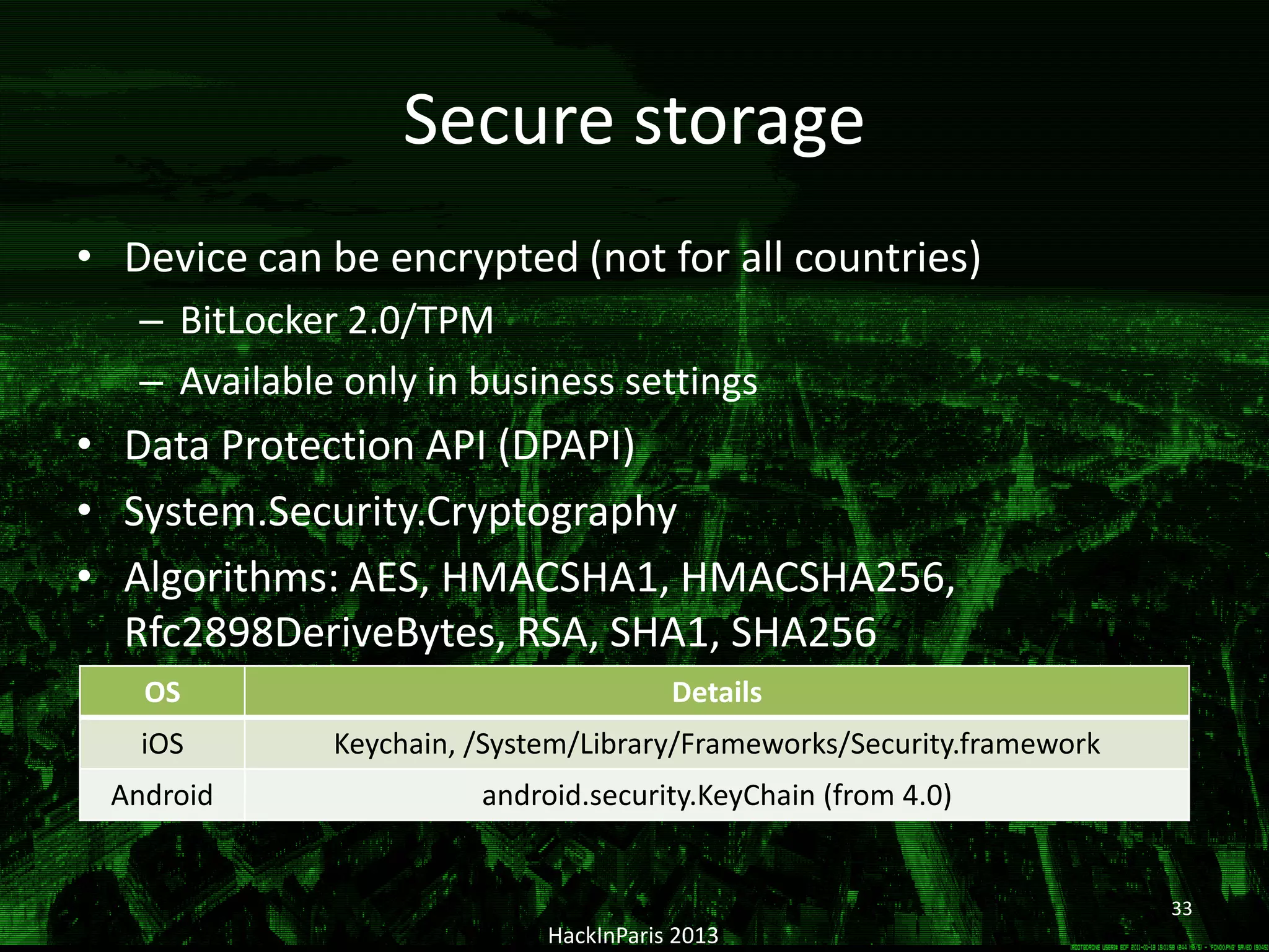 Secure storage
• Device can be encrypted (not for all countries)
– BitLocker 2.0/TPM
– Available only in business settings
• Data Protection API (DPAPI)
• System.Security.Cryptography
• Algorithms: AES, HMACSHA1, HMACSHA256,
Rfc2898DeriveBytes, RSA, SHA1, SHA256
HackInParis 2013
OS Details
iOS Keychain, /System/Library/Frameworks/Security.framework
Android android.security.KeyChain (from 4.0)
33
 