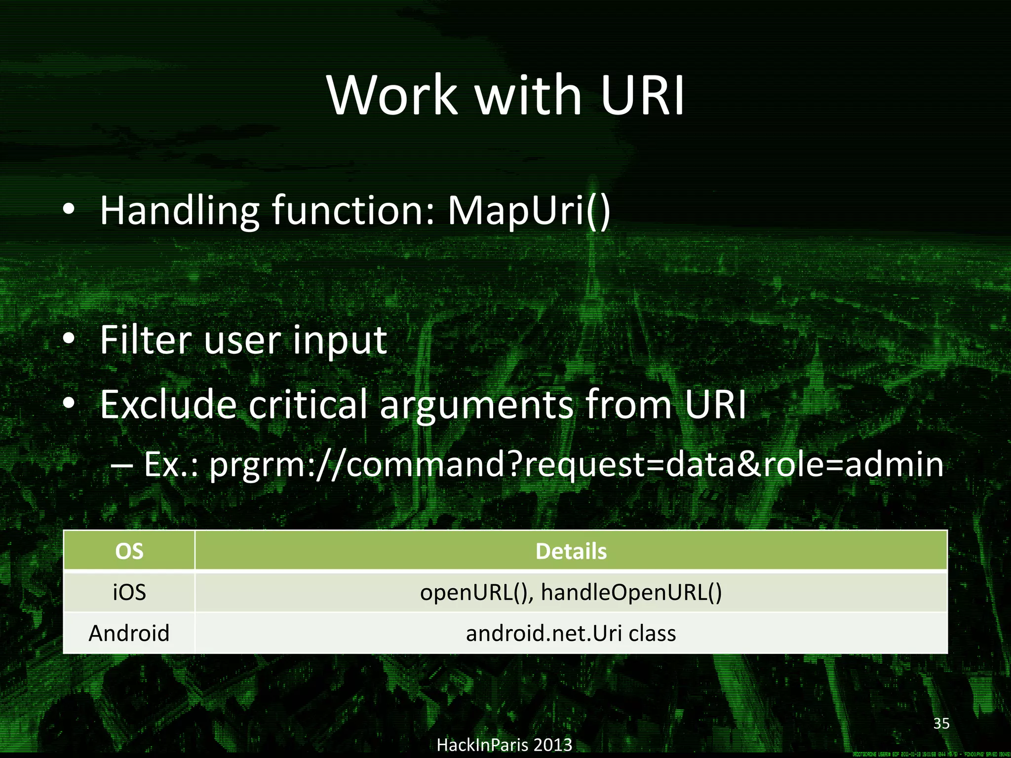 Work with URI
• Handling function: MapUri()
• Filter user input
• Exclude critical arguments from URI
– Ex.: prgrm://command?request=data&role=admin
HackInParis 2013
OS Details
iOS openURL(), handleOpenURL()
Android android.net.Uri class
35
 