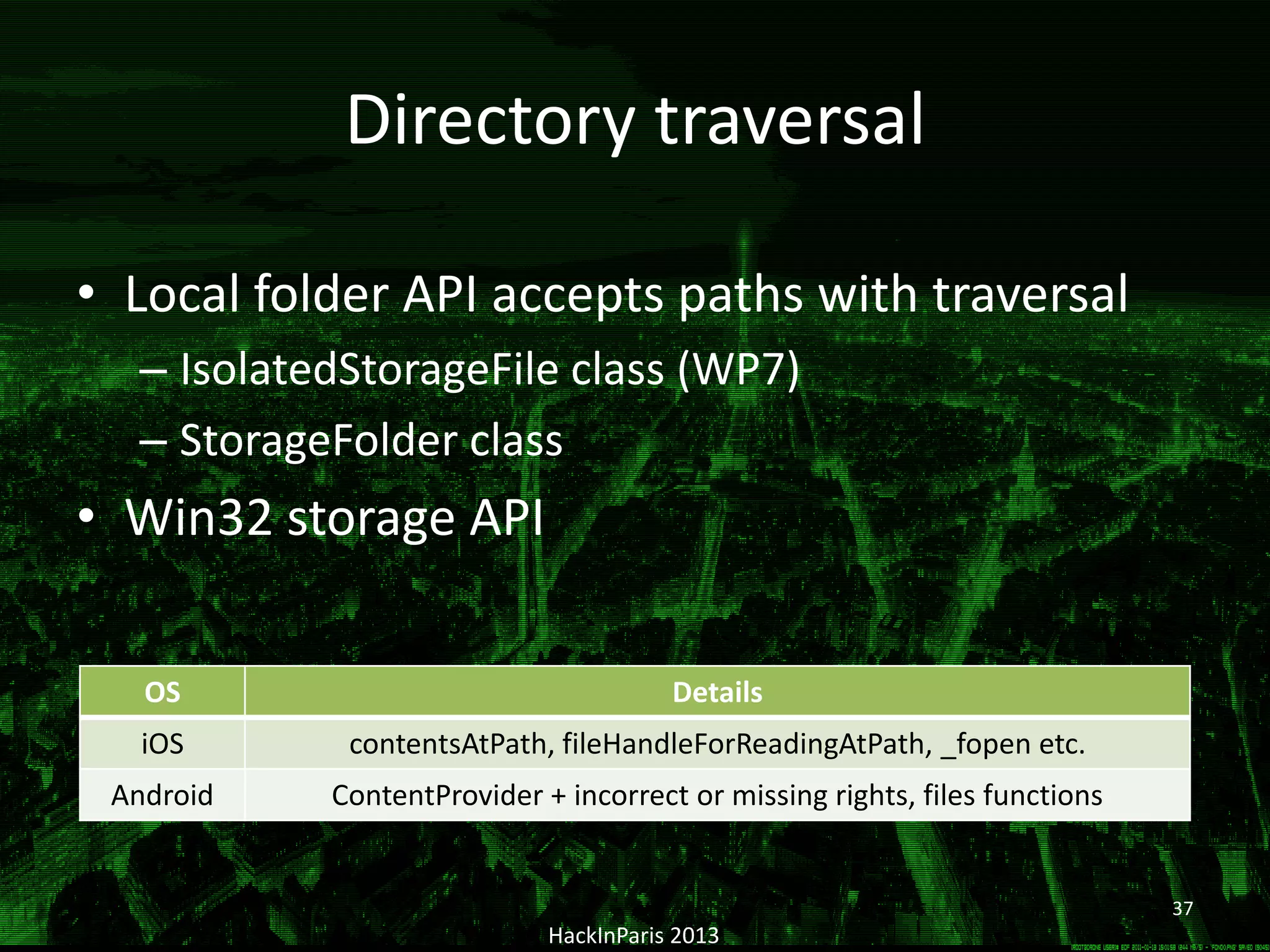 Directory traversal
• Local folder API accepts paths with traversal
– IsolatedStorageFile class (WP7)
– StorageFolder class
• Win32 storage API
HackInParis 2013
OS Details
iOS contentsAtPath, fileHandleForReadingAtPath, _fopen etc.
Android ContentProvider + incorrect or missing rights, files functions
37
 