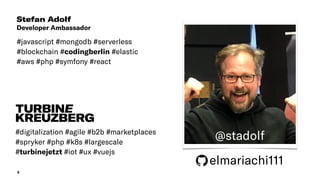 2
Stefan Adolf
Developer Ambassador
#javascript #mongodb #serverless
#blockchain #codingberlin #elastic
#aws #php #symfony #react
#digitalization #agile #b2b #marketplaces
#spryker #php #k8s #largescale
#turbinejetzt #iot #ux #vuejs
@stadolf
elmariachi111
 