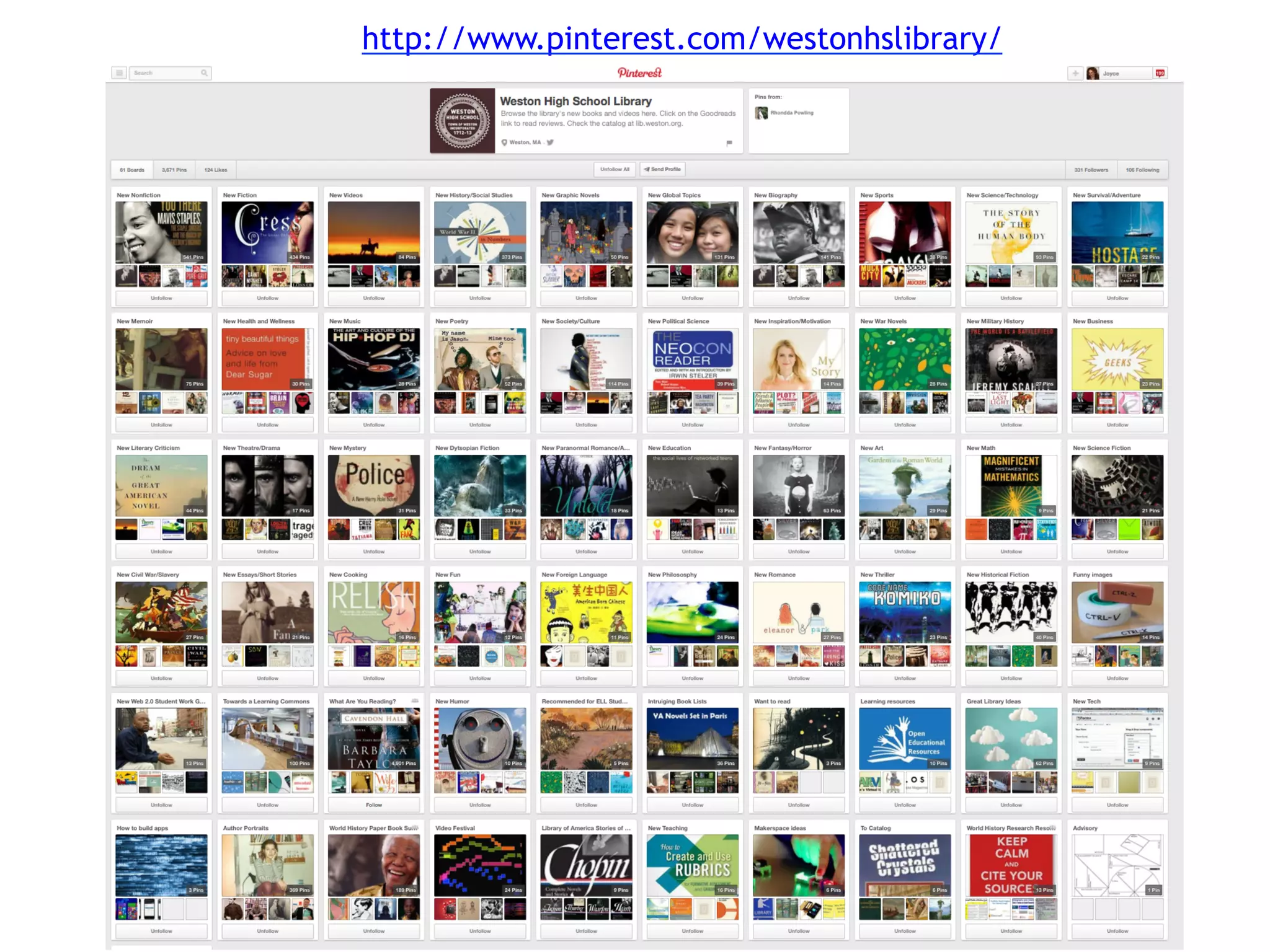 http://www.pinterest.com/westonhslibrary/
 