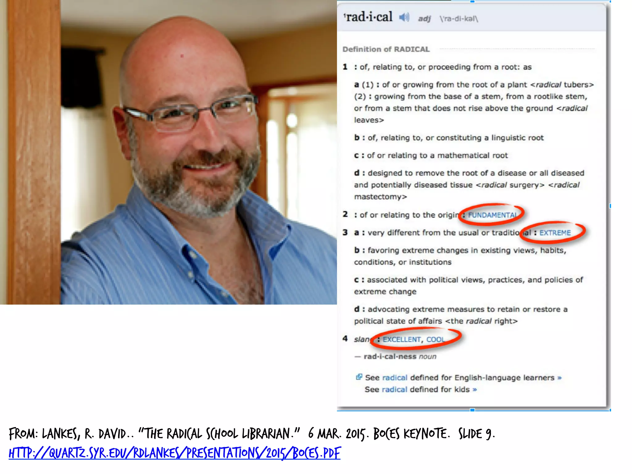 From: Lankes, R. David.. “The Radical School Librarian.” 6 Mar. 2015. BOCES Keynote. Slide 9.
http://quartz.syr.edu/rdlankes/Presentations/2015/BOCES.pdf
 
