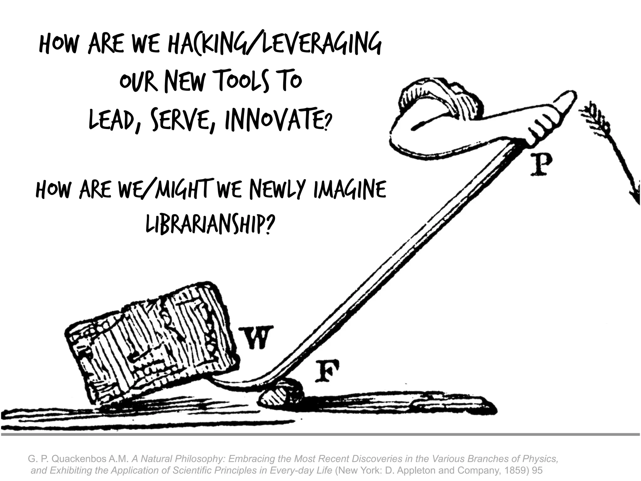 G. P. Quackenbos A.M. A Natural Philosophy: Embracing the Most Recent Discoveries in the Various Branches of Physics,
and Exhibiting the Application of Scientific Principles in Every-day Life (New York: D. Appleton and Company, 1859) 95
How are we hacking/leveraging
our new tools to
lead, serve, innovate?
How are we/might we newly imagine
librarianship?
 