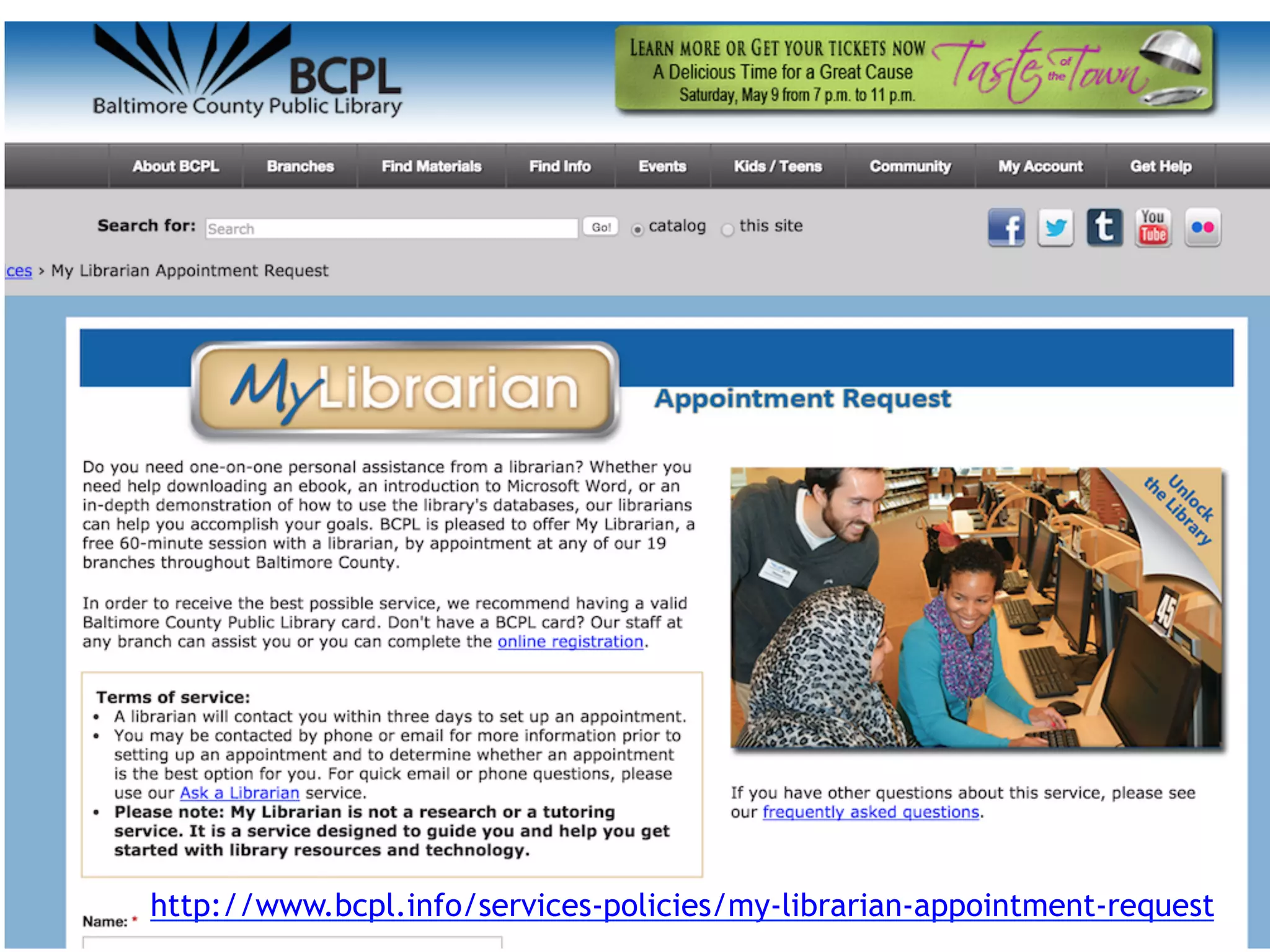 http://www.bcpl.info/services-policies/my-librarian-appointment-request
 