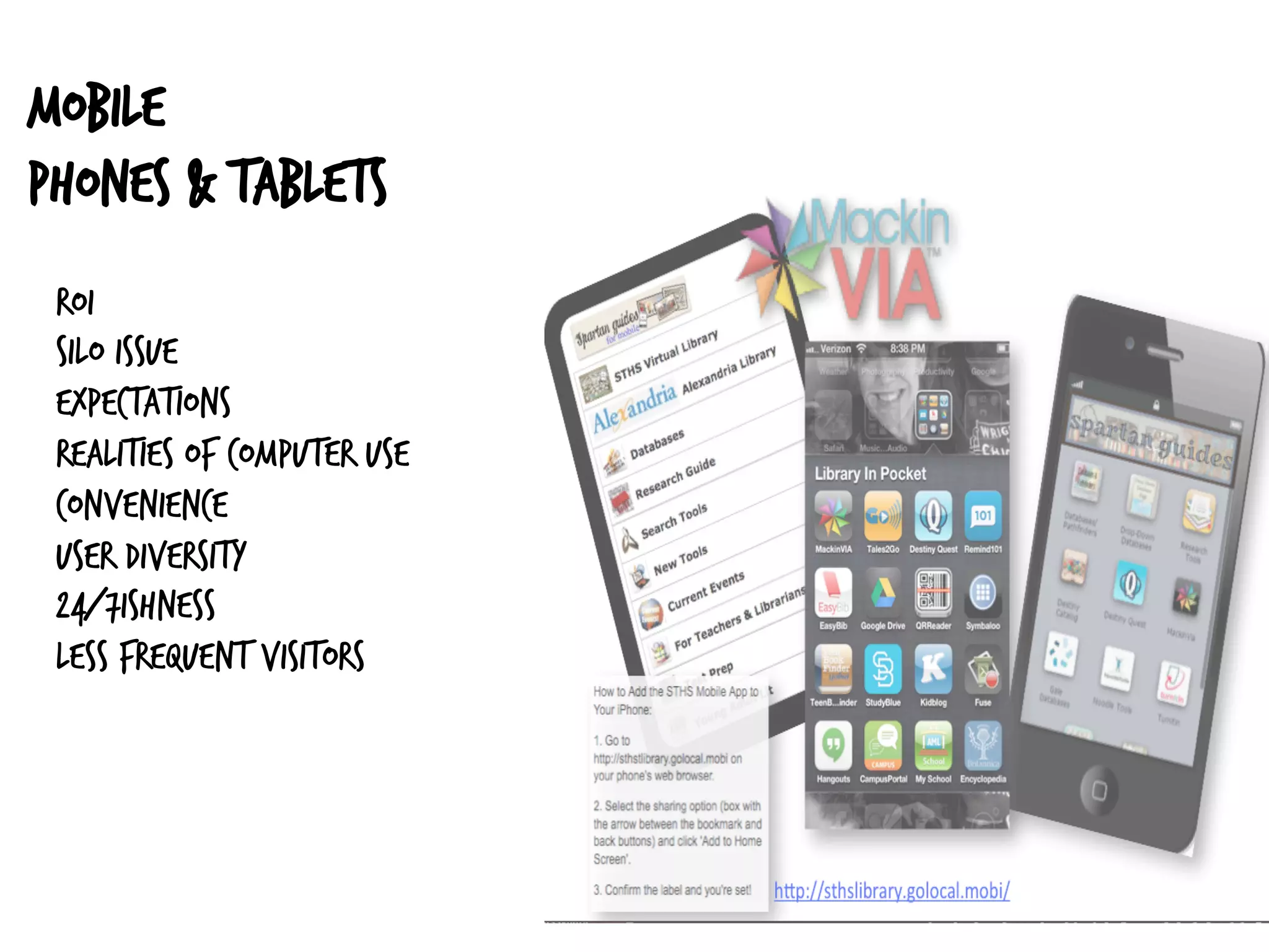 Mobile
phones & tablets
ROI
silo issue
expectations
realities of computer use
convenience
user diversity
24/7ishness
less frequent visitors
 