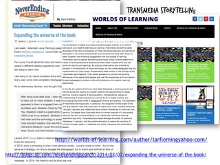 http://blogs.slj.com/neverendingsearch/2014/03/07/expanding-the-universe-of-the-book/
http://worlds-of-learning.com/author/larflemingyahoo-com/
Transmedia storytelling
 