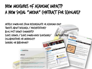 New measures of academic impact?
A new social “media” contract for scholars?
Article downloads from ResearchGate or Academia.edu?
Tweets about research / presentations?
Blog post views? Comments?
Slides viewed / slides downloaded SlideShare/ AuthorStream?
Collaborations on Mendeley?
Sharing on Bibsonomy?
 