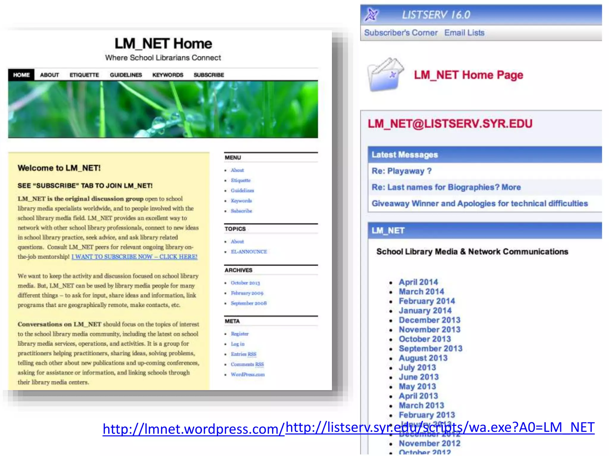 http://lmnet.wordpress.com/http://listserv.syr.edu/scripts/wa.exe?A0=LM_NET
 