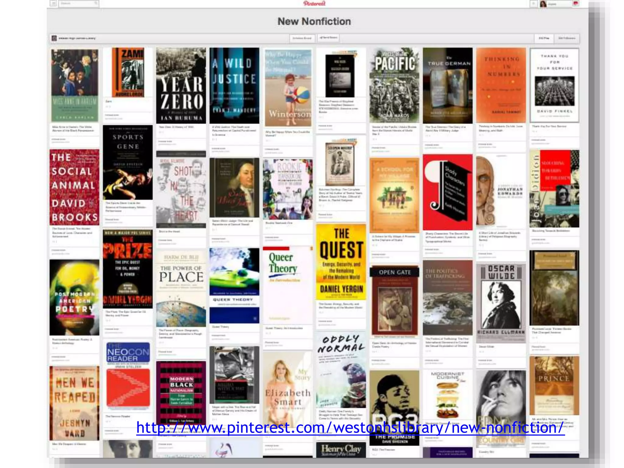 http://www.pinterest.com/westonhslibrary/new-nonfiction/
 