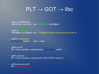 PLT → GOT → libc 
● gdb$ x/i 0x08048ce5 
0x8048ce5 <main+82>: call 0x80488e4 <printf@plt> 
● gdb$ x/i 0x80488e4 
0x80488e4 <printf@plt>: jmp *0x804ab14 (this is the pointer we write to) 
● gdb$ x/i *0x804ab14 
0xb7ed11c0 <printf>: push %ebp 
● gdb$ p printf 
$2 = {<text variable, no debug info>} 0xb7ed11c0 <printf> 
● gdb$ p execve 
$4 = {<text variable, no debug info>} 0xb7f21870 <execve> 
● gdb$ p execve-printf 
$5 = 0x506b0 (FIXED) 
 