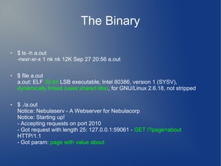 The Binary 
● $ ls -h a.out 
-rwxr-xr-x 1 nk nk 12K Sep 27 20:56 a.out 
● $ file a.out 
a.out: ELF 32-bit LSB executable, Intel 80386, version 1 (SYSV), 
dynamically linked (uses shared libs), for GNU/Linux 2.6.18, not stripped 
● $ ./a.out 
Notice: Nebulaserv - A Webserver for Nebulacorp 
Notice: Starting up! 
- Accepting requests on port 2010 
- Got request with length 25: 127.0.0.1:59061 - GET /?page=about 
HTTP/1.1 
- Got param: page with value about 
 