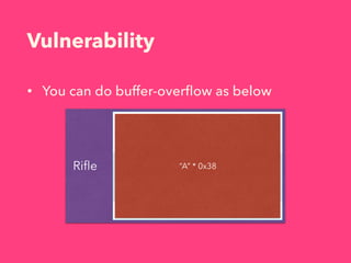 Vulnerability
• You can do buffer-overﬂow as below
Riﬂe
description
name
last
“A” * 0x38
 