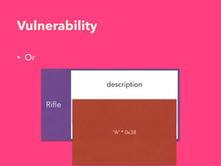 Vulnerability
• Or
Riﬂe
description
name
last“A” * 0x38
 