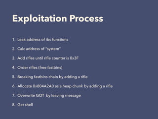 Exploitation Process
1. Leak address of ibc functions
2. Calc address of “system”
3. Add riﬂes until riﬂe counter is 0x3F
4. Order riﬂes (free fastbins)
5. Breaking fastbins chain by adding a riﬂe
6. Allocate 0x804A2A0 as a heap chunk by adding a riﬂe
7. Overwrite GOT by leaving message
8. Get shell
 