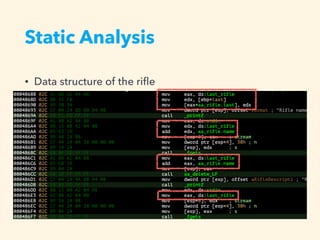 • Data structure of the riﬂe
Static Analysis
 