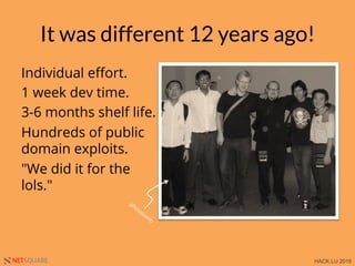 HACK.LU 2016NETSQUARE
It was different 12 years ago!
Individual eﬀort.
1 week dev time.
3-6 months shelf life.
Hundreds of public
domain exploits.
"We did it for the
lols."
 