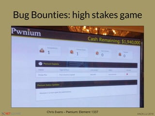 HACK.LU 2016NETSQUARE
Bug Bounties: high stakes game
Chris Evans – Pwnium: Element 1337
 